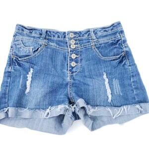 Rue 21  Blue Jean Denim Shorts Distressed Size 7/8, Cut Off Button Fly, Festival